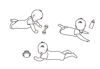 うつ伏せのかわいい赤ちゃんのイラスト　線画