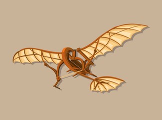 Flying machine creation from Leonardo Davinci, concept technology historical illustration vector