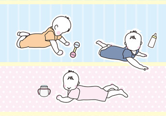 うつ伏せのかわいい赤ちゃんのイラスト　カラフル、白フチ