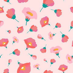 Art floral vector seamless pattern. Pink mallow and poppy on a light pink background. Isolated vector pastel flowers, buds, leaves, twigs and peas. For fabric, wallpaper, wrap.