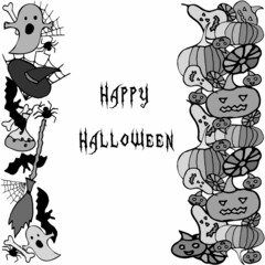Happy Halloween vector card. Holiday monochrome bordure with pumpkins, spiders, ghosts, bats on white background for banner, poster, greeting card, party invitation.