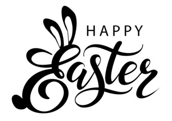 Happy Easter lettering phrase with bunny or rabbit ears. - obrazy, fototapety, plakaty