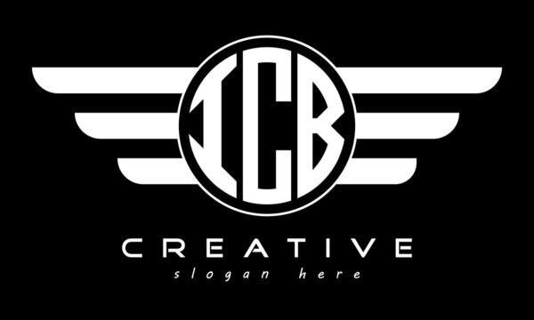 ICB three letter monogram type circle letter logo with wings vector template.