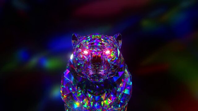 Snarling diamond tiger. Nature and animals concept. Lowpoly. Blue neon color. Symbol of 2022. 3d animation