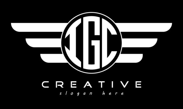 IGC three letter monogram type circle letter logo with wings vector template.