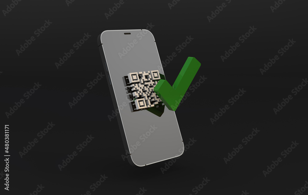 Wall mural iphone 13 pro with digital code qr and green check . qr code verification service web