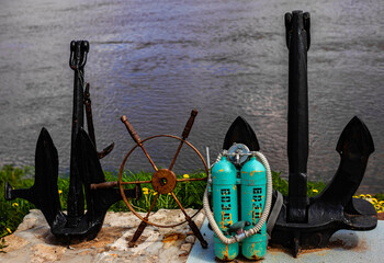 marine props scuba gear steering from the ship and two anchors