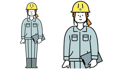 普通に立っている作業服を着た工事現場の女性の全身イラスト素材。