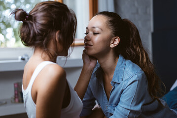 Homosexual lgbt lifestyle moments at home. Conceptual photo about homosexuality and successful couple relationship.