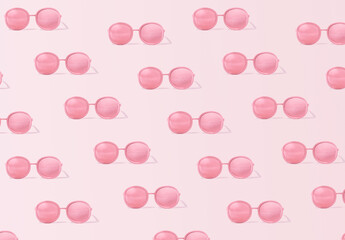 Pastel pink sunglasses pattern against bright background. Happy summer holidays concept. Pink aesthetic theme. 