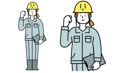 ガッツポーズをしている作業服を着た工事現場の女性の全身イラスト素材。