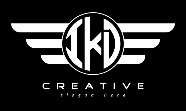 IKD three letter monogram type circle letter logo with wings vector template.