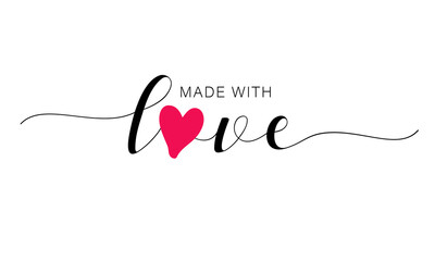 Made with love lettering with heart symbol. Hand drawn black line calligraphy. Ink vector inscription isolated on white background. Lettering for your handcrafted goods, product, shop, tags, labels