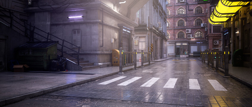 Wide panoramic view of a dark moody empty city centre street at night. Noir concept 3d rendering.