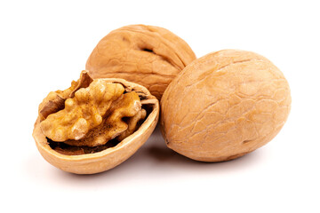 Walnuts in shells isolated on white background. Package design element with clipping path.