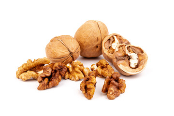 Walnuts in shells isolated on white background. Package design element with clipping path.