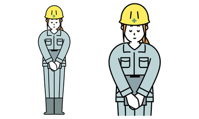 ぺこりとお辞儀をする作業服を着た工事現場の女性の全身イラスト素材。