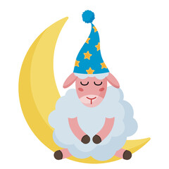 Sheep in a night cap sitting on the moon.