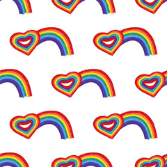 .Hand drawn bright rainbow and smiling rainbow heart. Colorful vector seamless pattern. Happy rainbow.