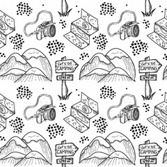 A seamless pattern of hand-drawn doodle-style elements. Illustration for local tourism. Mountains, terrain map and signpost. Vector image of items for camping or hiking on white background.