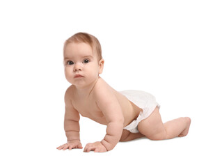 Cute little baby in diaper crawling on white background