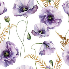 Код элемента: 2101151080  Seamless pattern with violet flowers. Repeating background with elements of watercolor flowers poppies and fern leaves isolated on white background. Garden style texture for 