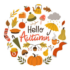 Colorful autumn card with seasonal elements. Warm clothes, pumpkins, apple pie, leaves, and twigs. Hand-drawn vector illustration with isolated elements.