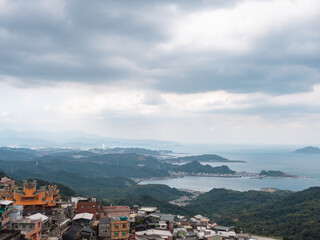 View of beatuful sea and city from the mountain, Jiufen, Taiwan.