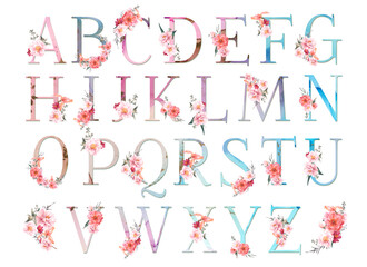 Watercolor floral alphabet. Set of blooming monograms painted with watercolor