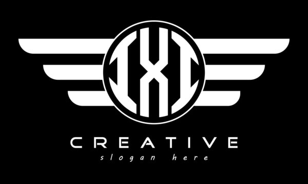 IXI three letter monogram type circle letter logo with wings vector template.