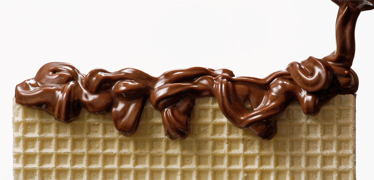 Pouring sweet chocolate pastry cream on cookie on white background.