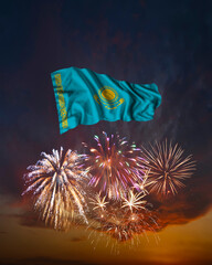 Holiday fireworks and flag of Kazakhstan