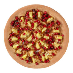 Sweet pizza with condensed milk, mozzarella, red currants and pineapple isolated on white