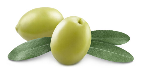 Fototapeta Green olives with leaves, isolated on white background obraz