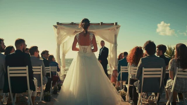 Beautiful Bride in Gorgeous White Wedding Dress Going Down the Aisle, while Groom Waits at an Outdoors Ceremony Venue Near the Sea with Happy Multiethnic and Diverse Friends.