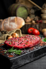 Raw beef steak seasoned with salt, pepper and fresh hearbs