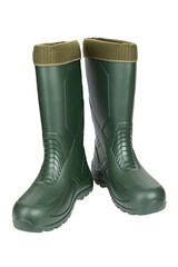 Green rubber boots with a warm toe on a white background.