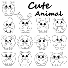 Set cute cartoon round animals. Draw illustration in black and white