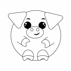 Cute cartoon round Pig. Draw illustration in black and white
