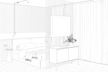 Sketch of a modern bedroom with a horizontal poster on a partition wall, flowers in a vase on the chest of drawers, cabinets at the head of the bed, bedside tables, curtains near the window. 3d render