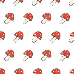 Mushroom Seamless Pattern On A White Background. Amanita Mushroom Theme Vector Illustration