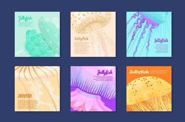 Jellyfish abstract banner place for text collection vector flat illustration square poster medusa