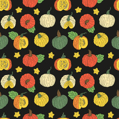 Seamless pattern with hand drawn pumpkins. Black background. Autumn digital paper.