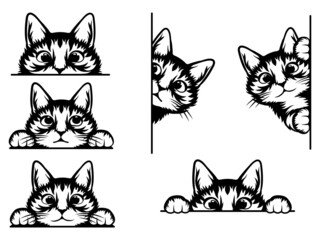 Set of striped cats looking out the window. Collection of cartoon cats peeking of the corner. Funny peeking pets. Vector illustration on white background. Tattoo.