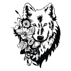 Illustration of floral head wolve. Portrait wolf with flowers. Design of T-shirt print. Cute forest animals. Tattoo.
