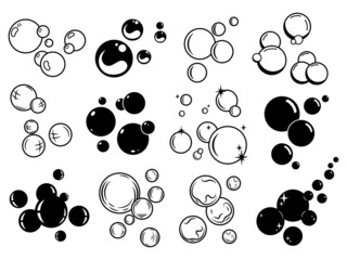 Set of flying soap bubble. Collection of various bubbles fizzy drink, oxygen, water or blowing bubble. Laundry. Vector illustration of on white background. 