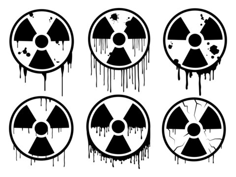 Set of radioactive icon. Collection of splatter nuclear symbol. Dangerous. Waring atomic sign.  Uranium radiation hazard. Vector illustration of toxic logo on white background. 