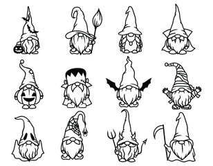 Set of Halloween gnomes. Collection of garden gnomes in costumes of monsters frankenstein, mummy, witch, etc. Vector illustration on white background.