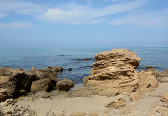 Scenic view of rocky Mediterranean coast. Peaceful bay  in northern Israel.