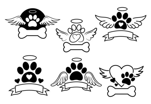 Set of logo pet memory. Collection of pet paw with angel wings, halo and heart inside. Set of Dog and cat memorial remembrance. Dog loss. Vector illustration on white background. 